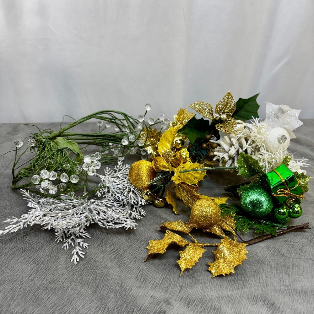Artificial Floral Pick & Decor Lot Silver Gold Christmas Holiday Winter Seasonal